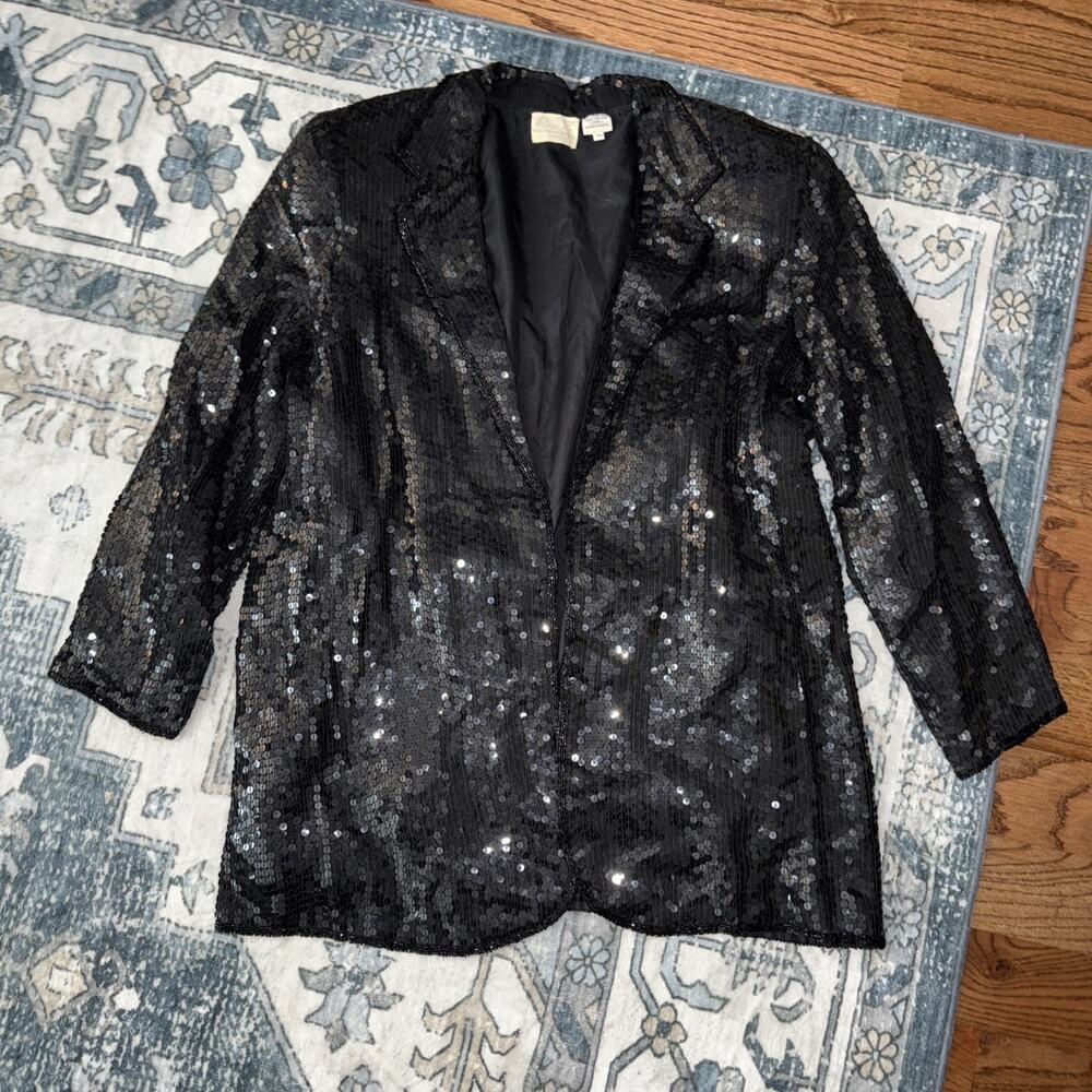 Rina Z Vintage Jacket Black Sequin Collared Hook Silk Lined Hip Length Size XL
